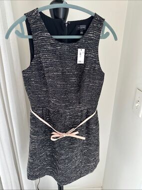 The Limited Black Textured Midi Sheath Dress with Pink Belt